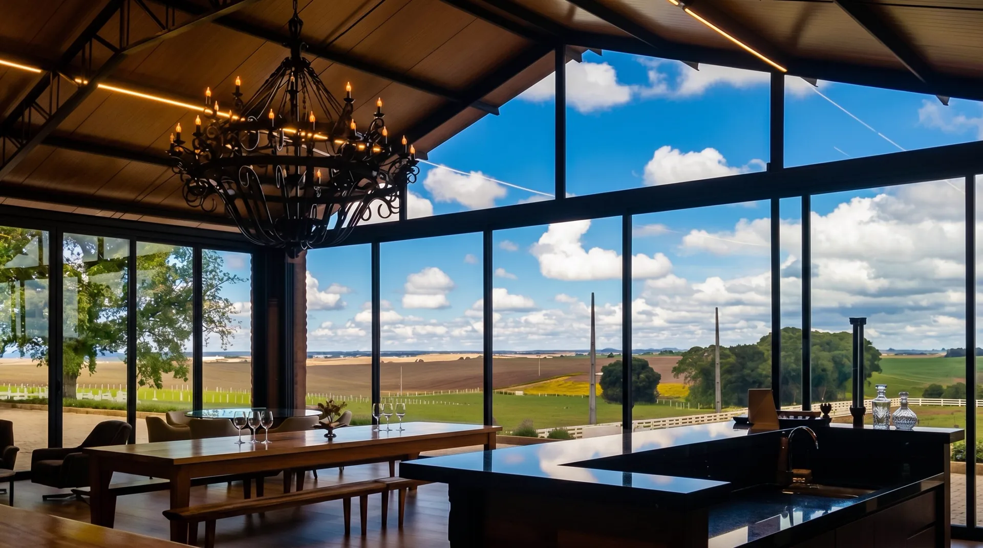 Salão em pele de vidro com vista para o campo no Bass Ranch em Turvo