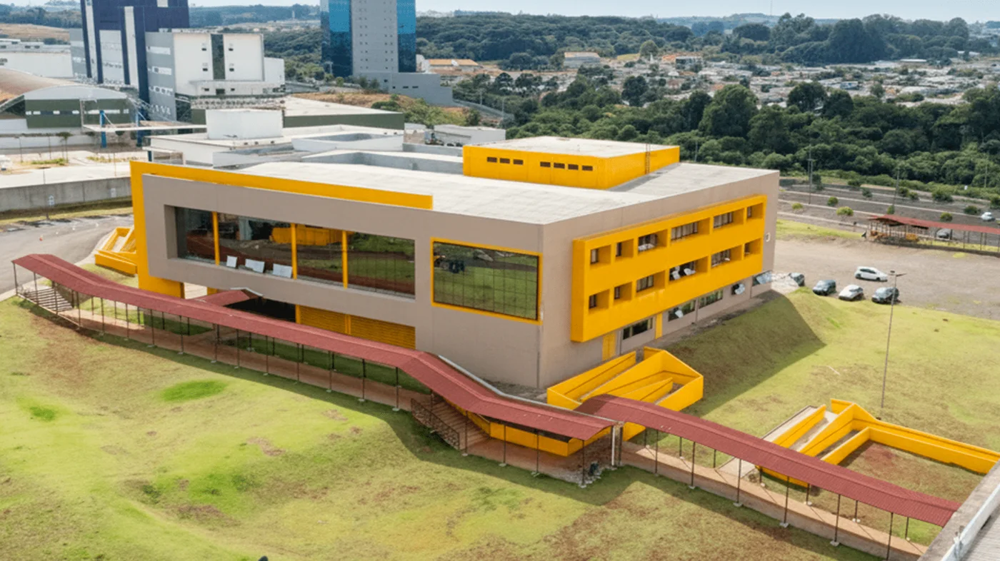 Obra institucional de grande porte com fachada executada pela Guaracal