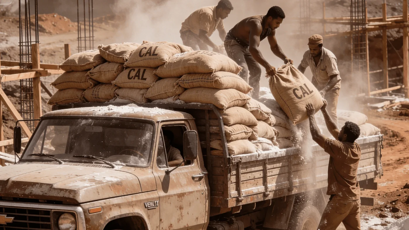 Trabalhadores carregando sacos de cal em caminhão, origem da Guaracal em 1979